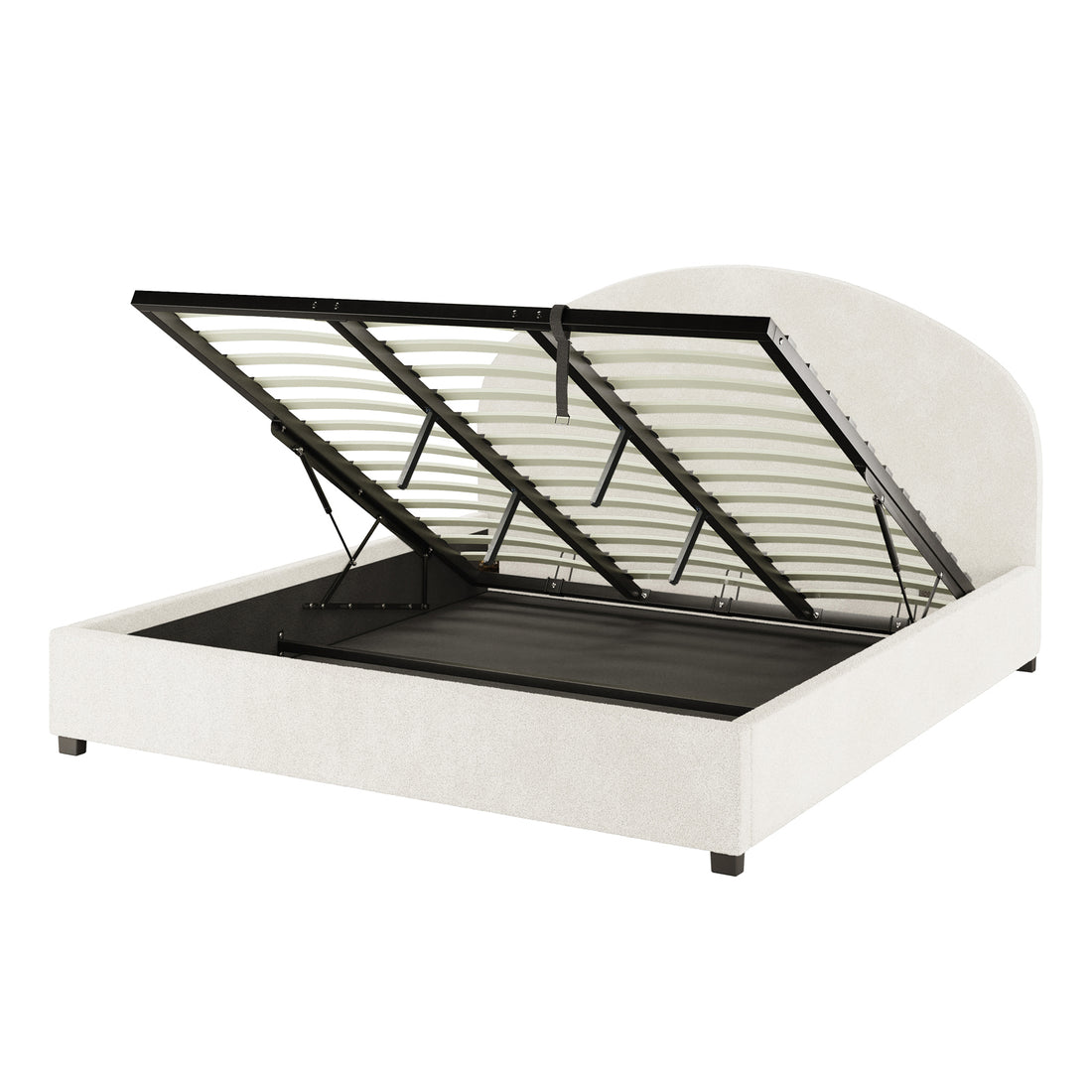 Lunia King Bouclé Bed Frame with Gas Lift Storage features a cream-white upholstered headboard and low-profile rails, a black metal slatted base with gas-spring lift, revealing under-bed storage.
