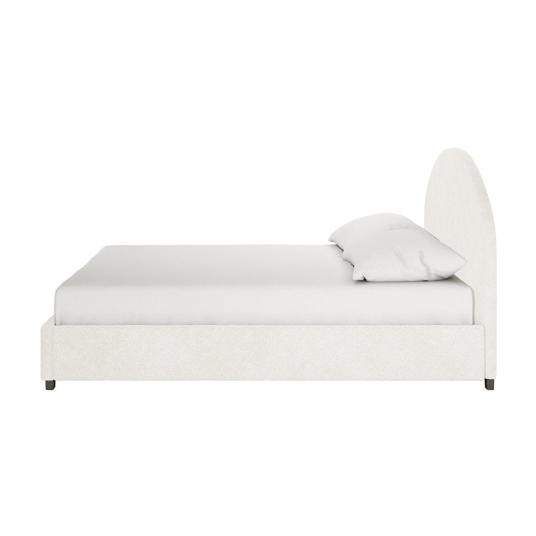 Lunia King Bouclé Bed Frame with Gas Lift Storage in profile, showcasing a low, rectangular frame with an arched headboard, upholstered in textured fabric, supported by short legs, highlighting modern elegance.