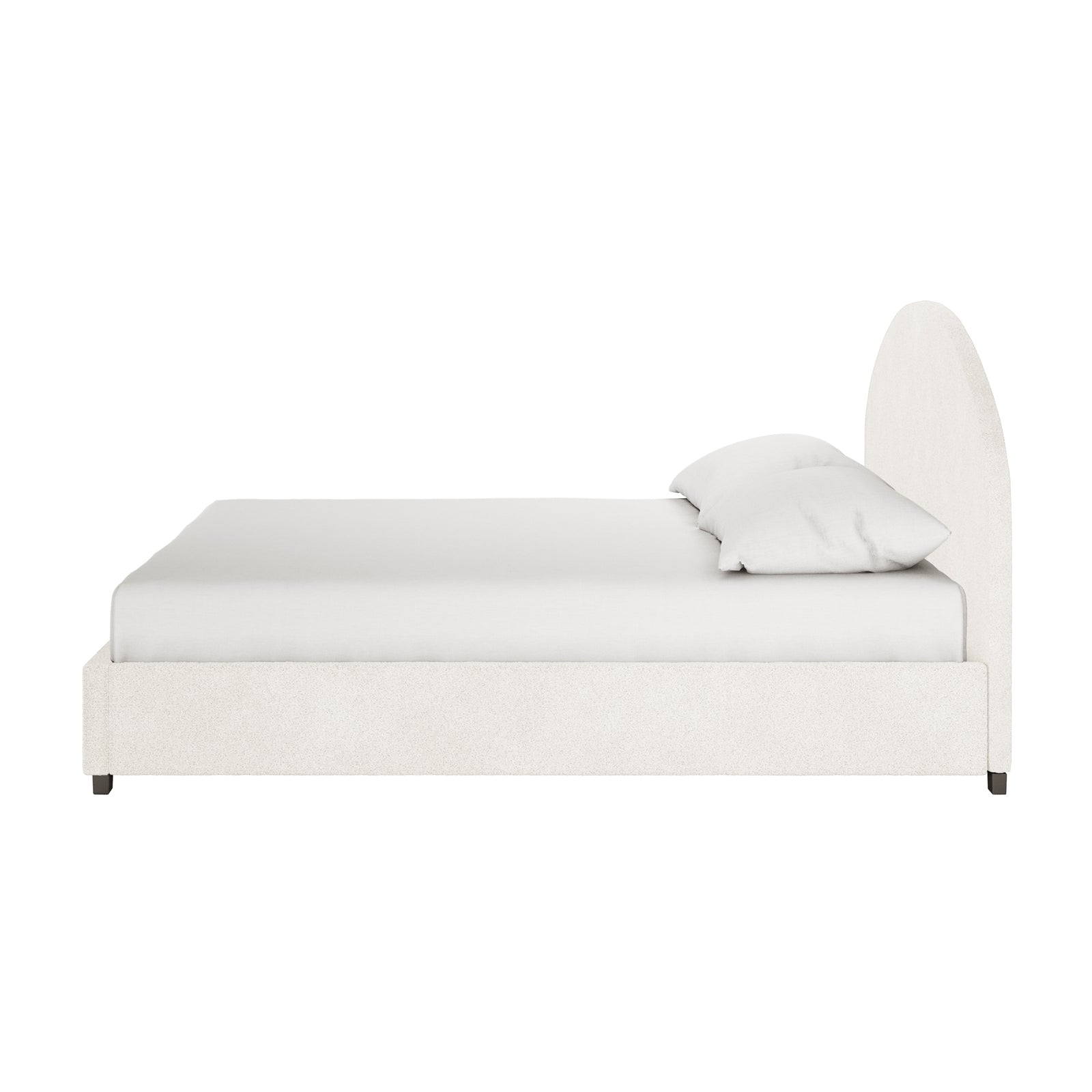 Lunia King Bouclé Bed Frame with Gas Lift Storage in profile, showcasing a low, rectangular frame with an arched headboard, upholstered in textured fabric, supported by short legs, highlighting modern elegance.