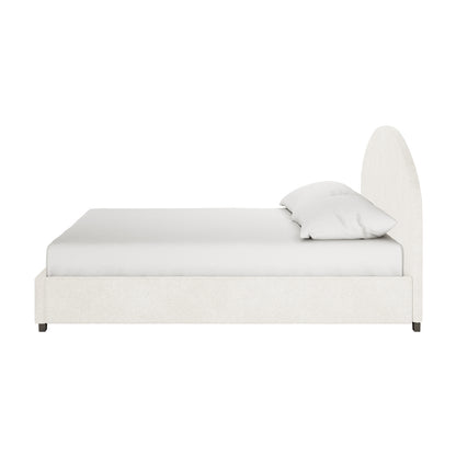 Lunia King Bouclé Bed Frame with Gas Lift Storage in profile, showcasing a low, rectangular frame with an arched headboard, upholstered in textured fabric, supported by short legs, highlighting modern elegance.