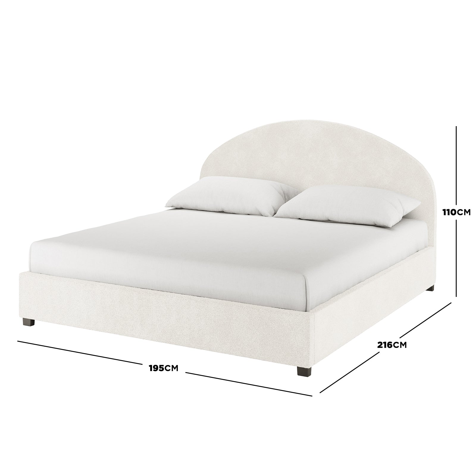 Lunia King Bouclé Bed Frame with Gas Lift Storage features a cream upholstered platform, softly curved headboard, and dimension lines showing 195cm width, 216cm depth, and 110cm height.
