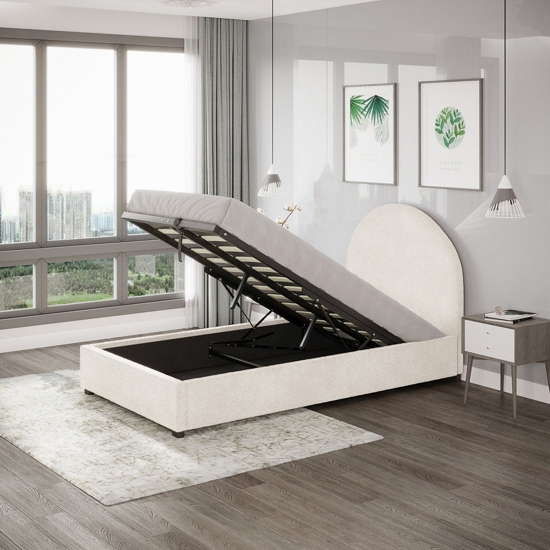 Lunia King Single Bouclé Bed Frame with Gas Lift Storage in a cream white fabric, shown in a modern bedroom with open storage, botanical prints, and pendant lights.