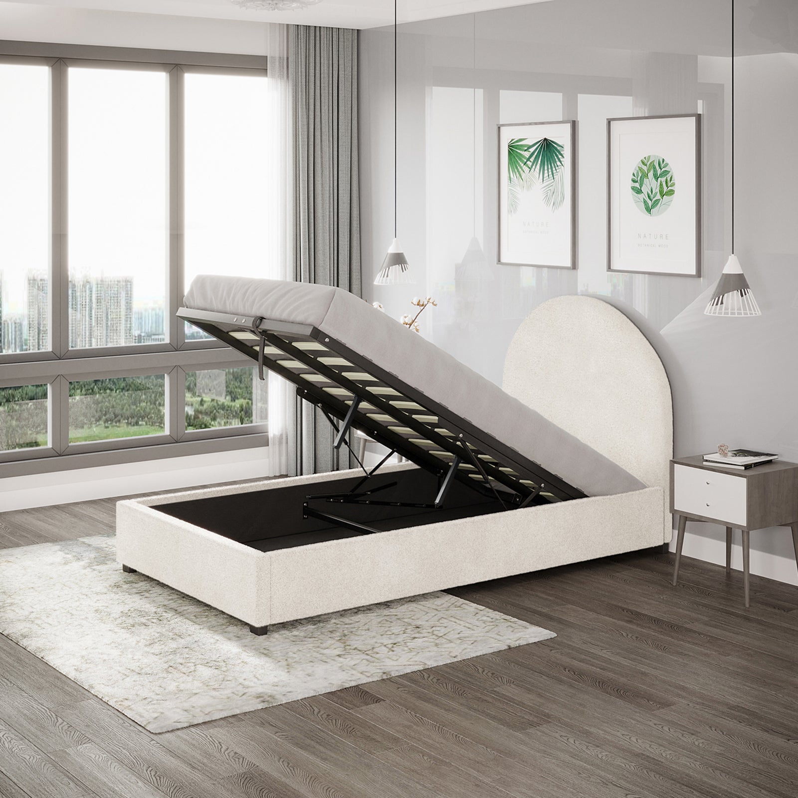 Lunia King Single Bouclé Bed Frame with Gas Lift Storage in a cream white fabric, shown in a modern bedroom with open storage, botanical prints, and pendant lights.