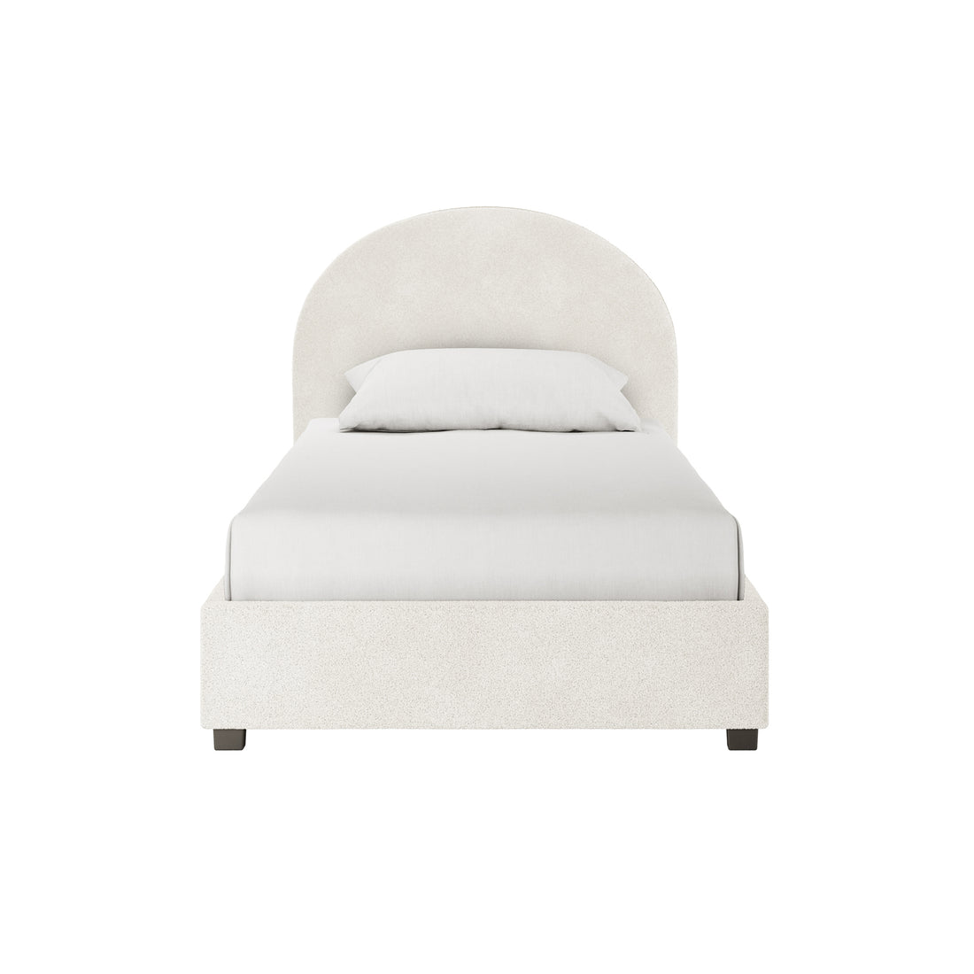 Lunia King Single Bouclé Bed Frame with Gas Lift Storage – Cream White features a rounded-arch headboard, off-white bouclé fabric, and low dark wood legs, embodying elegance and functionality.