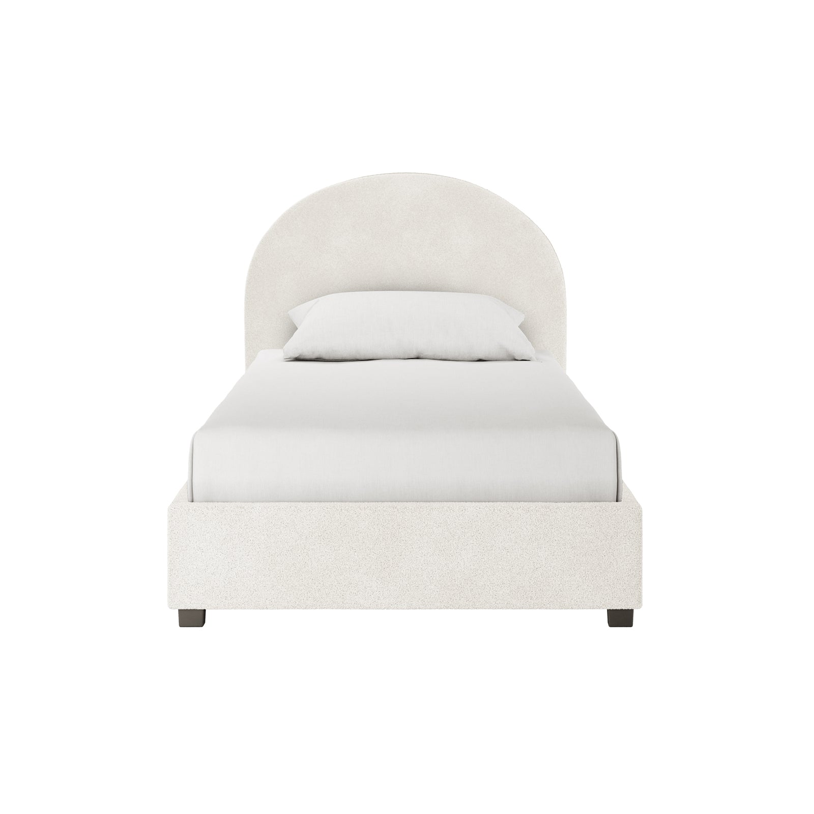 Lunia King Single Bouclé Bed Frame with Gas Lift Storage – Cream White features a rounded-arch headboard, off-white bouclé fabric, and low dark wood legs, embodying elegance and functionality.