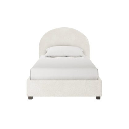 Lunia King Single Bouclé Bed Frame with Gas Lift Storage – Cream White features a rounded-arch headboard, off-white bouclé fabric, and low dark wood legs, embodying elegance and functionality.