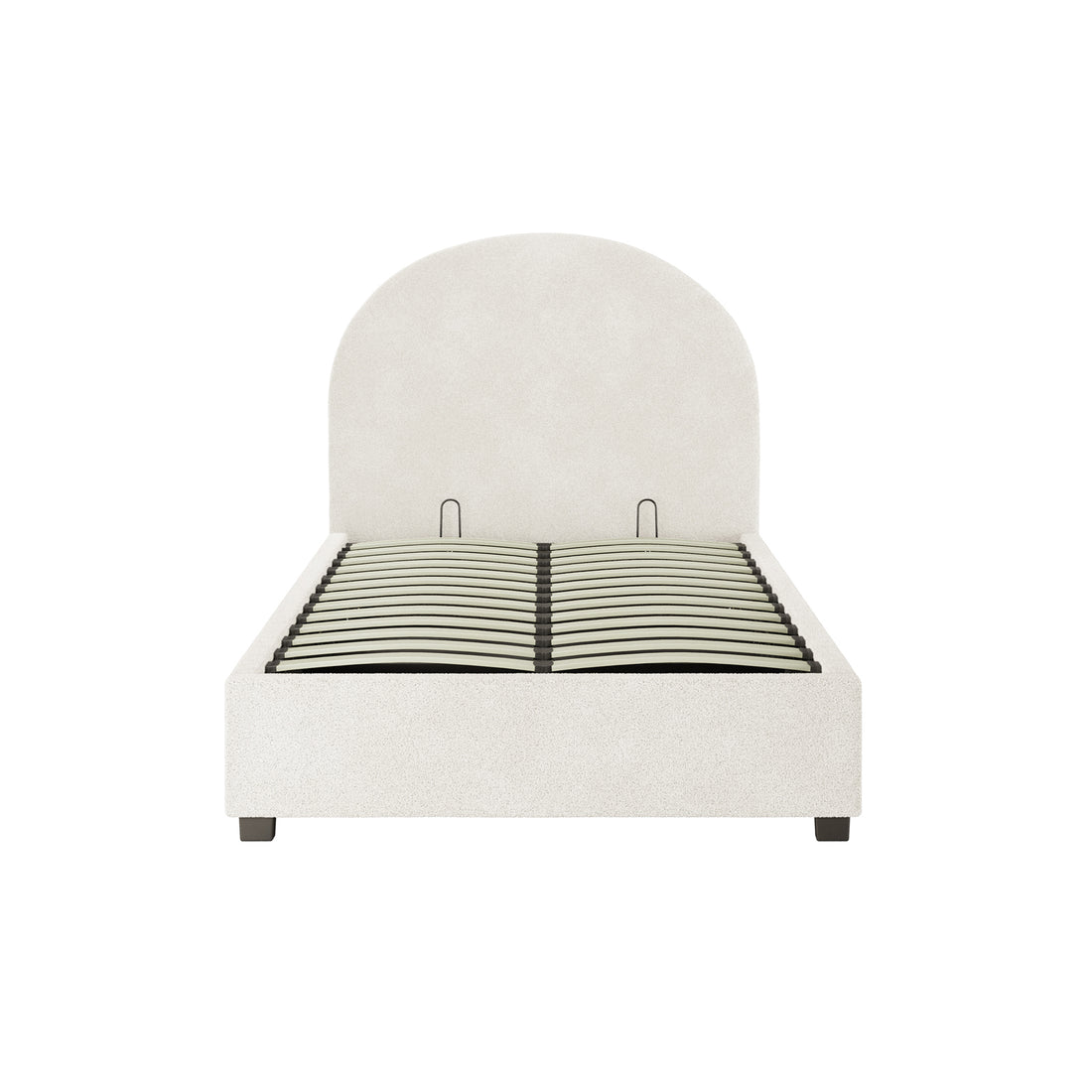 Lunia King Single Bouclé Bed Frame with Gas Lift Storage, featuring an arched headboard and sprung wooden slats. Upholstered in plush bouclé, this platform-style frame offers elegance and practicality.