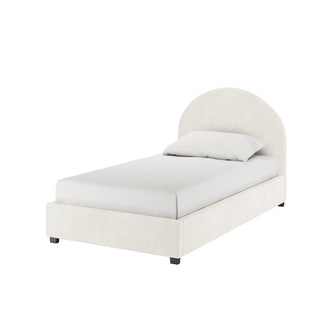 Lunia King Single Bouclé Bed Frame with Gas Lift Storage features a minimalist design, light textured fabric, rounded headboard, and fitted mattress, emphasizing elegant storage solutions beneath the frame.