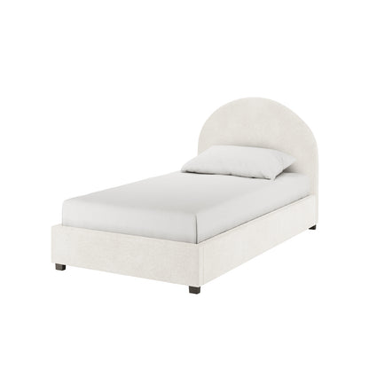 Lunia King Single Bouclé Bed Frame with Gas Lift Storage features a minimalist design, light textured fabric, rounded headboard, and fitted mattress, emphasizing elegant storage solutions beneath the frame.