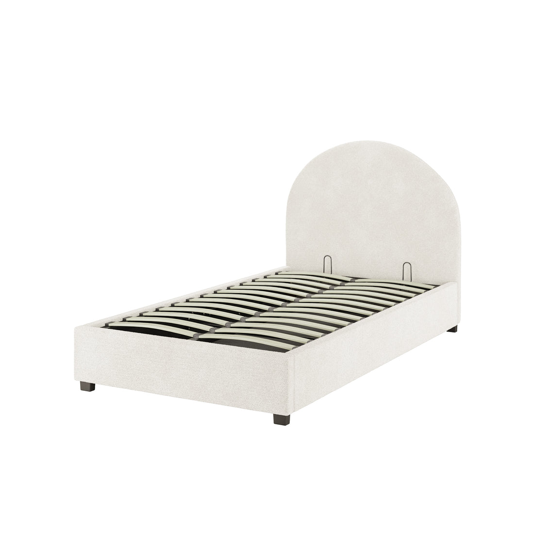 Lunia King Single Bouclé Bed Frame with Gas Lift Storage in cream white showcases a minimalist design with a gently arched headboard, light fabric, and curved wooden slats for mattress support.