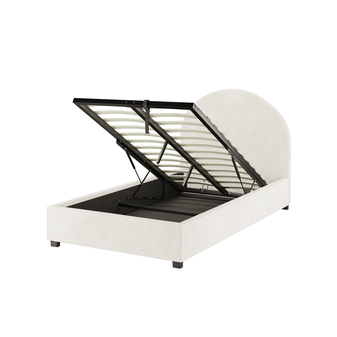 Lunia King Single Bouclé Bed Frame with Gas Lift Storage features a rounded headboard, light fabric upholstery, and a lift-up slatted base revealing under-bed storage, resting on short block feet.