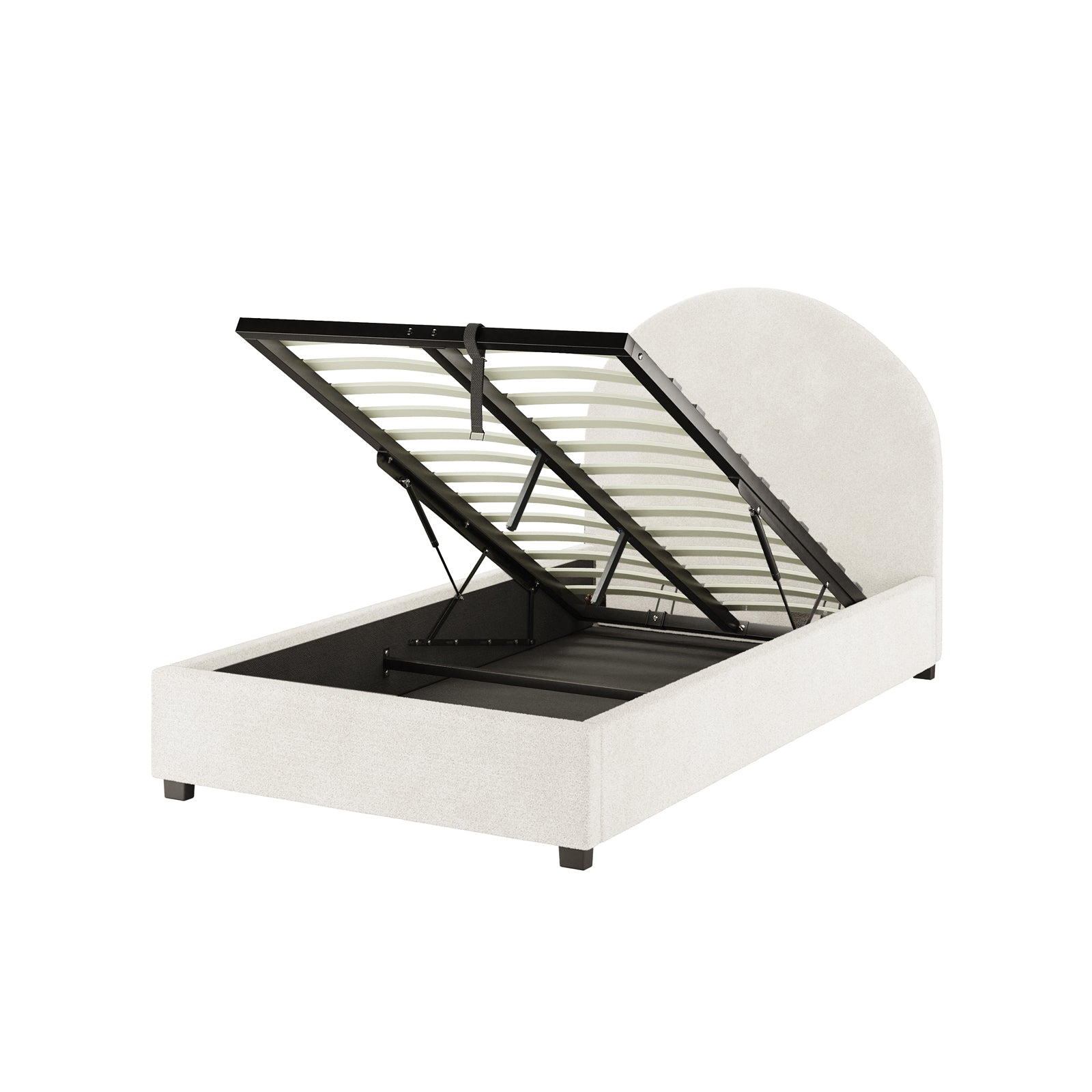 Lunia King Single Bouclé Bed Frame with Gas Lift Storage features a rounded headboard, light fabric upholstery, and a lift-up slatted base revealing under-bed storage, resting on short block feet.