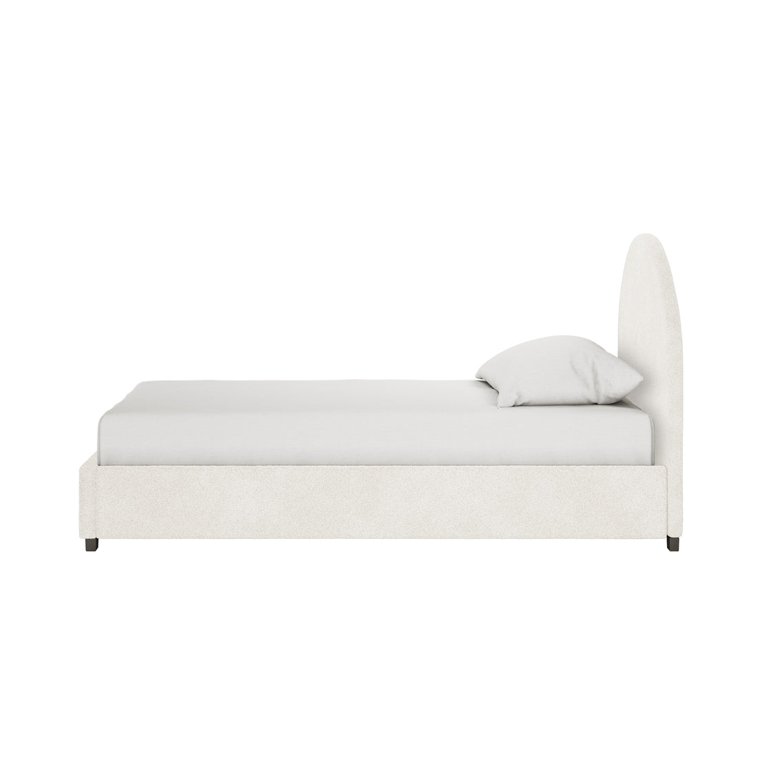 Lunia King Single Bouclé Bed Frame with Gas Lift Storage features a minimalist design, low platform, curved headboard, and textured fabric. It offers spacious under-bed storage and plush upholstery.