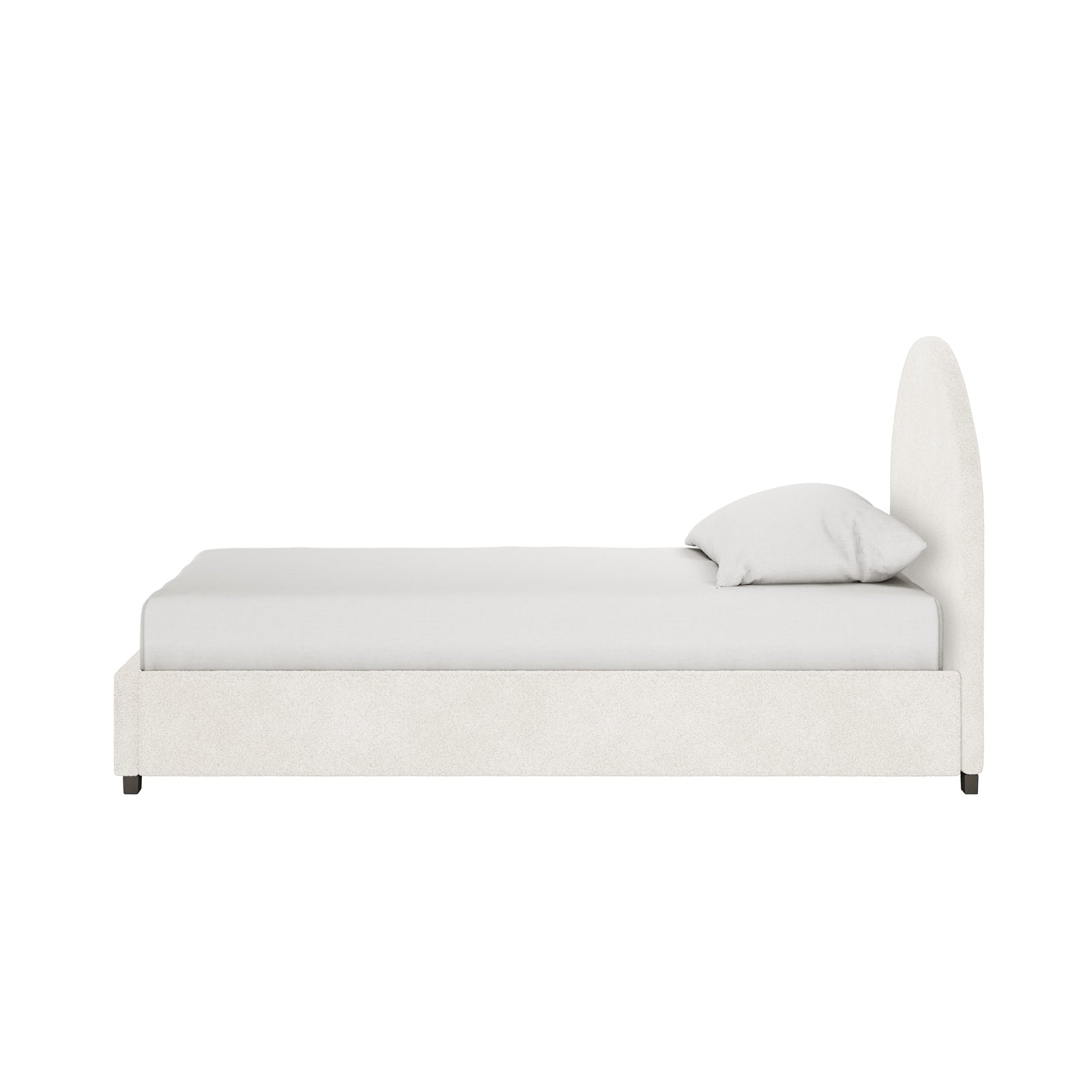 Lunia King Single Bouclé Bed Frame with Gas Lift Storage features a minimalist design, low platform, curved headboard, and textured fabric. It offers spacious under-bed storage and plush upholstery.