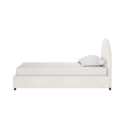 Lunia King Single Bouclé Bed Frame with Gas Lift Storage features a minimalist design, low platform, curved headboard, and textured fabric. It offers spacious under-bed storage and plush upholstery.