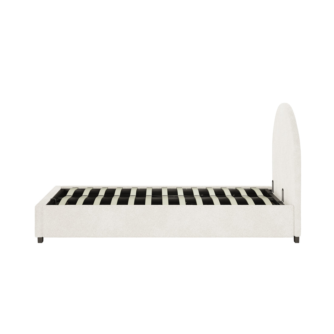 Lunia King Single Bouclé Bed Frame with Gas Lift Storage in cream white; side-profile view shows off-white upholstery, low block feet, curved support slats, and arched headboard, mattress absent.