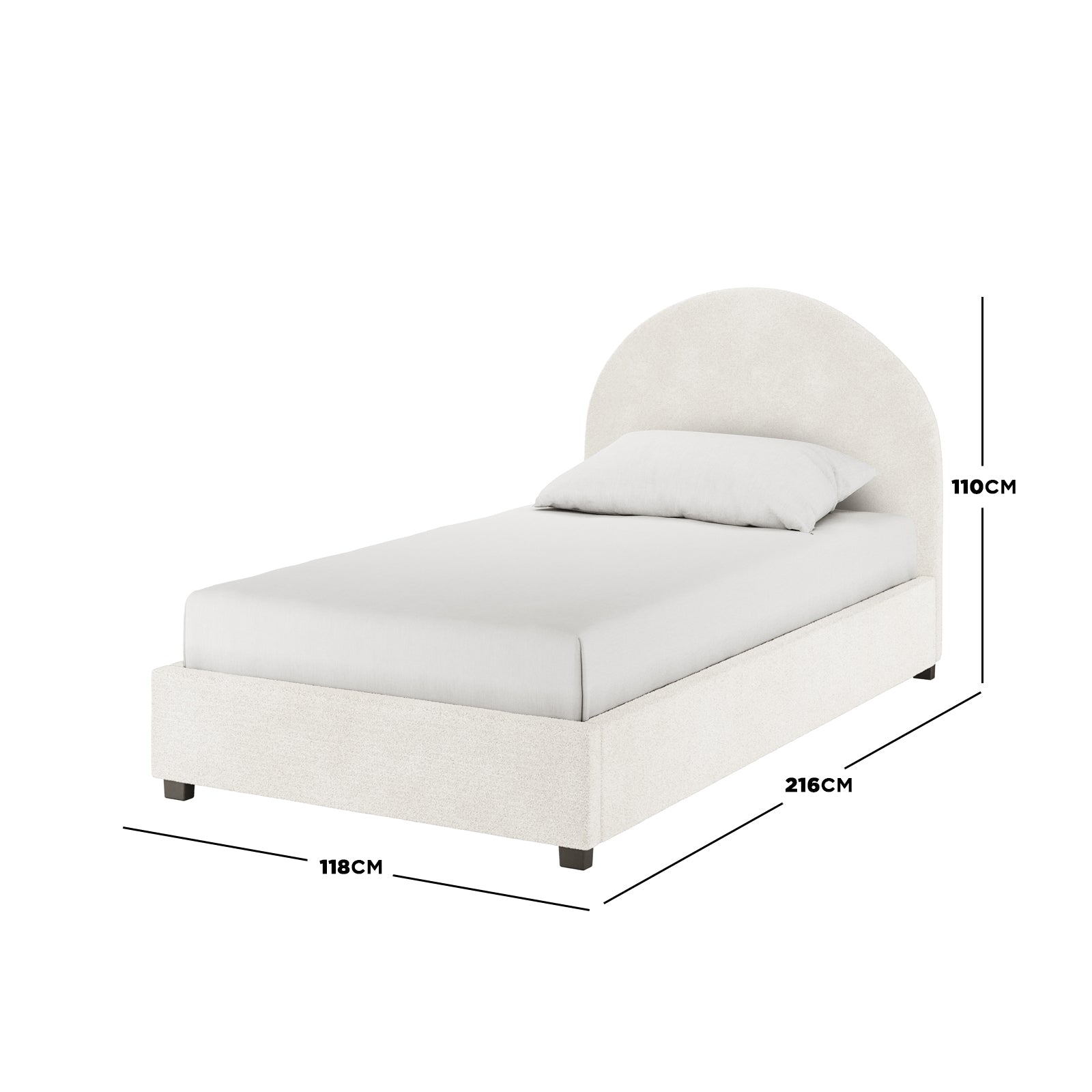 The Lunia King Single Bouclé Bed Frame with Gas Lift Storage features a rounded-top headboard, cream white bouclé upholstery, and a hydraulic lift for under-bed storage, offering both elegance and practicality.