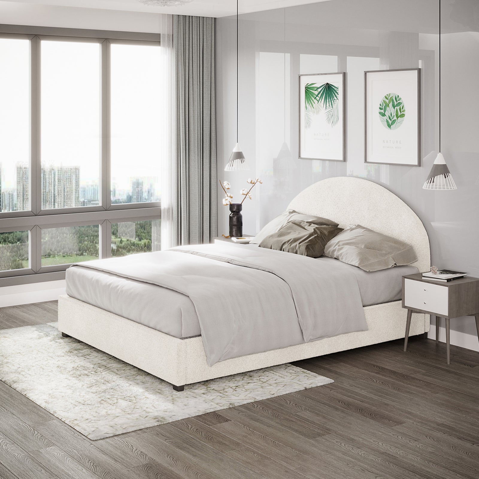 Lunia Queen Bouclé Bed Frame with Gas Lift Storage showcased in a minimalist bedroom, featuring an upholstered off-white platform and elegant hydraulic lift storage, complemented by soft gray bedding and mid-century accents.
