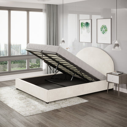 Lunia Queen Bouclé Bed Frame with Gas Lift Storage – Cream White, displayed open, revealing spacious under-bed storage. Upholstered in soft fabric, it sits on a patterned rug beside a minimalist nightstand.
