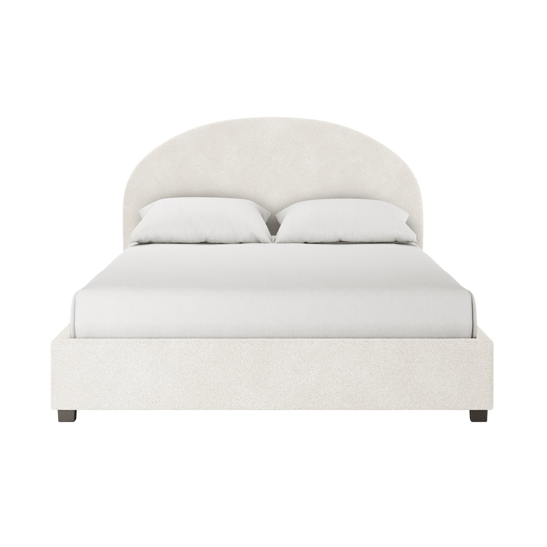 Lunia Queen Bouclé Bed Frame with Gas Lift Storage, featuring a modern platform design with a softly curved upholstered headboard, light-cream fabric, and short block legs, ideal for elegant bedroom settings.