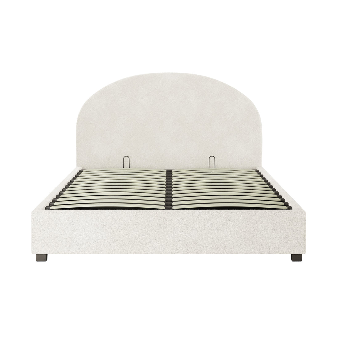 Lunia Queen Bouclé Bed Frame with Gas Lift Storage features a platform style with a rounded headboard, slatted wood base, block-style feet, and cream-white textured upholstery, offering elegance and practicality.