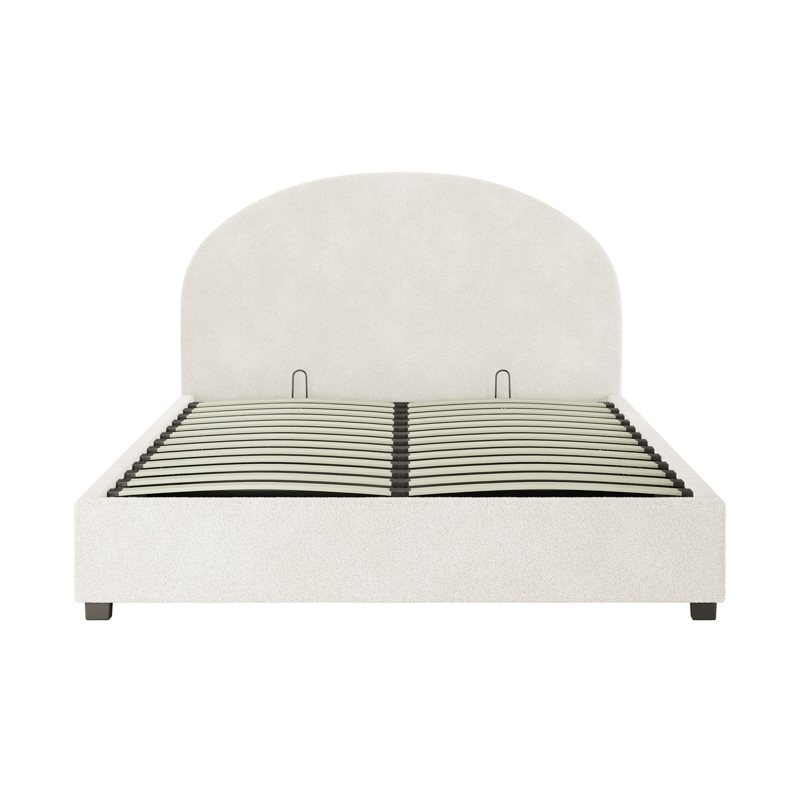 Lunia Queen Bouclé Bed Frame with Gas Lift Storage features a platform style with a rounded headboard, slatted wood base, block-style feet, and cream-white textured upholstery, offering elegance and practicality.