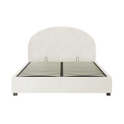 Lunia Queen Bouclé Bed Frame with Gas Lift Storage features a platform style with a rounded headboard, slatted wood base, block-style feet, and cream-white textured upholstery, offering elegance and practicality.