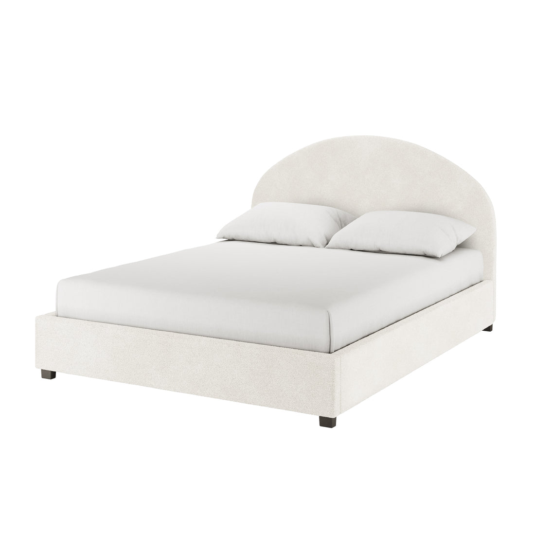 Lunia Queen Bouclé Bed Frame with Gas Lift Storage features a curved upholstered headboard, light-neutral fabric, and low dark-stained feet, highlighting its modern design and functional storage.
