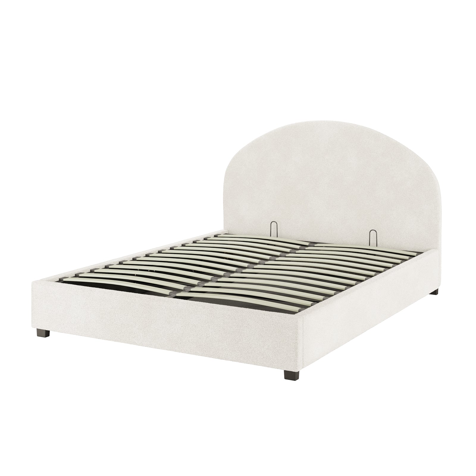 Lunia Queen Bouclé Bed Frame with Gas Lift Storage features a curved headboard, slatted support system, and small block feet, upholstered in cream fabric, providing elegance and practical under-bed storage.