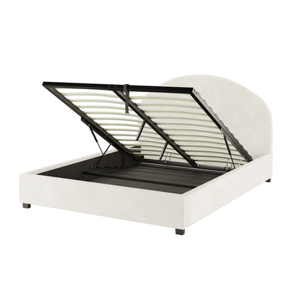Lunia Queen Bouclé Bed Frame with Gas Lift Storage features a low, curved headboard and slatted mattress platform, lifted to reveal spacious under-bed storage, ideal for organizing bedroom essentials.