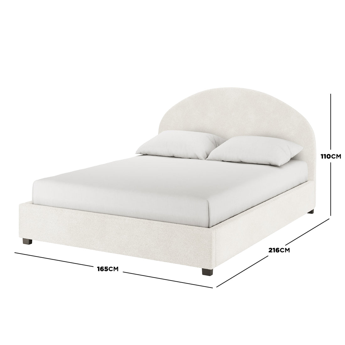 Lunia Queen Bouclé Bed Frame with Gas Lift Storage features a gently arched headboard, upholstered in soft fabric, with visible dimensions: 165cm width, 216cm depth, 110cm height, highlighting its spaciousness and elegance.
