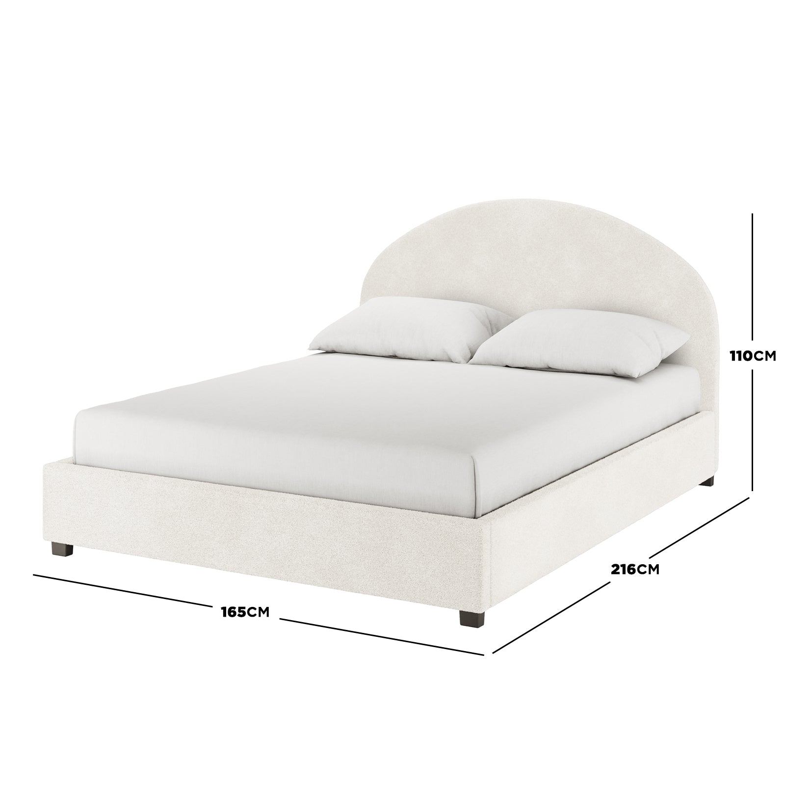Lunia Queen Bouclé Bed Frame with Gas Lift Storage features a gently arched headboard, upholstered in soft fabric, with visible dimensions: 165cm width, 216cm depth, 110cm height, highlighting its spaciousness and elegance.
