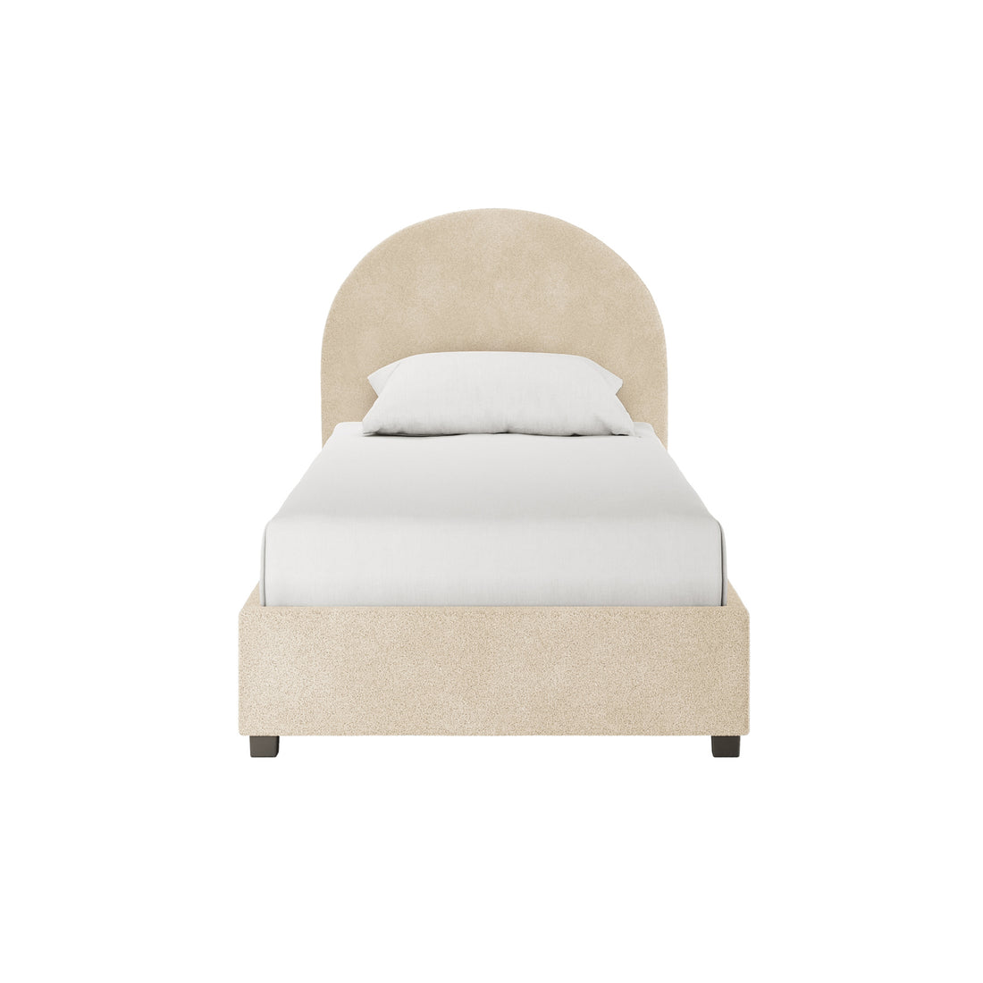Lunia Single Bouclé Gas Lift Bed Frame in Cream Beige with a rounded-arch headboard, low footboard, and light beige upholstery, featuring a fitted white sheet and pillow on a twin-size mattress.