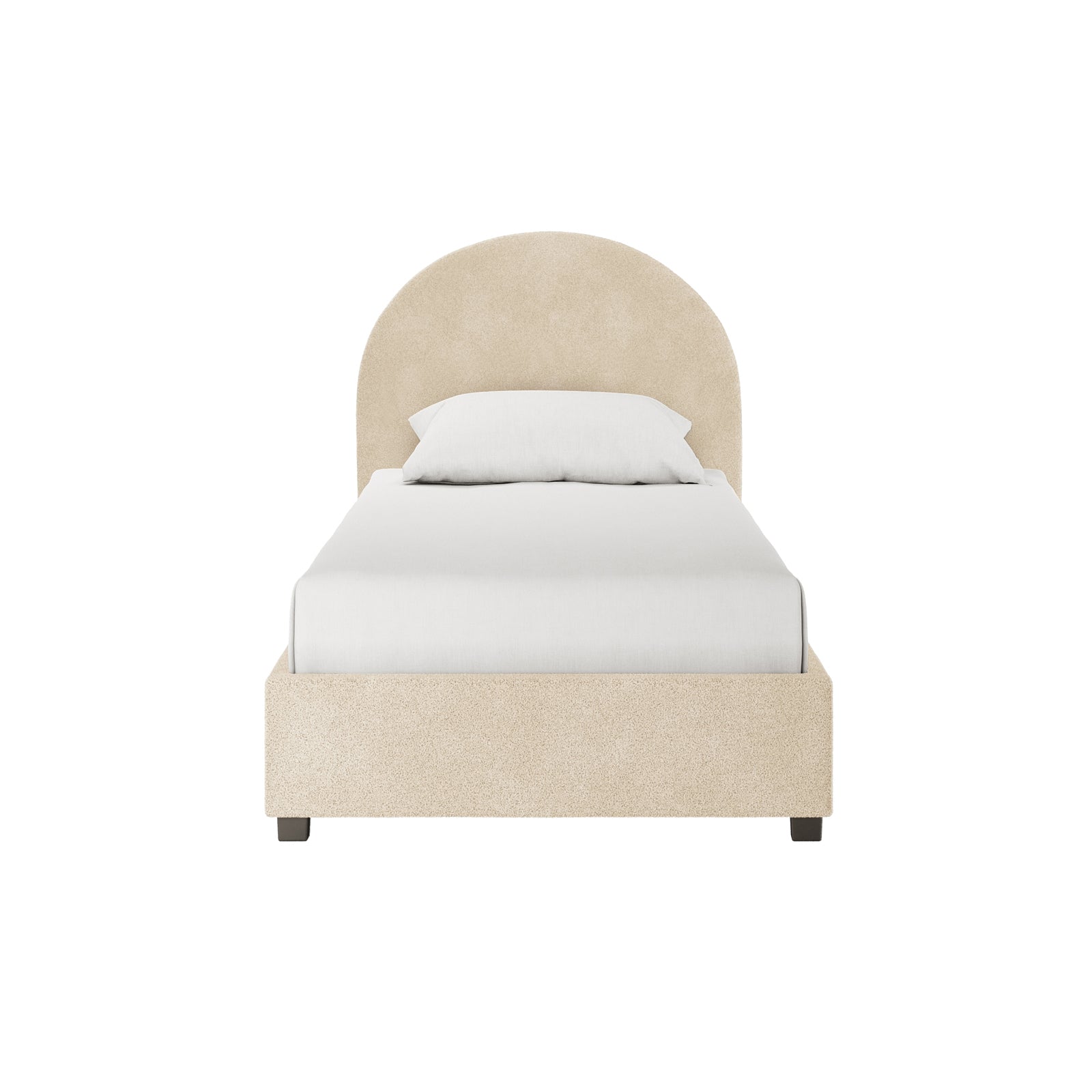 Lunia Single Bouclé Gas Lift Bed Frame in Cream Beige with a rounded-arch headboard, low footboard, and light beige upholstery, featuring a fitted white sheet and pillow on a twin-size mattress.