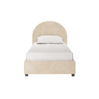 Lunia Single Bouclé Gas Lift Bed Frame in Cream Beige with a rounded-arch headboard, low footboard, and light beige upholstery, featuring a fitted white sheet and pillow on a twin-size mattress.