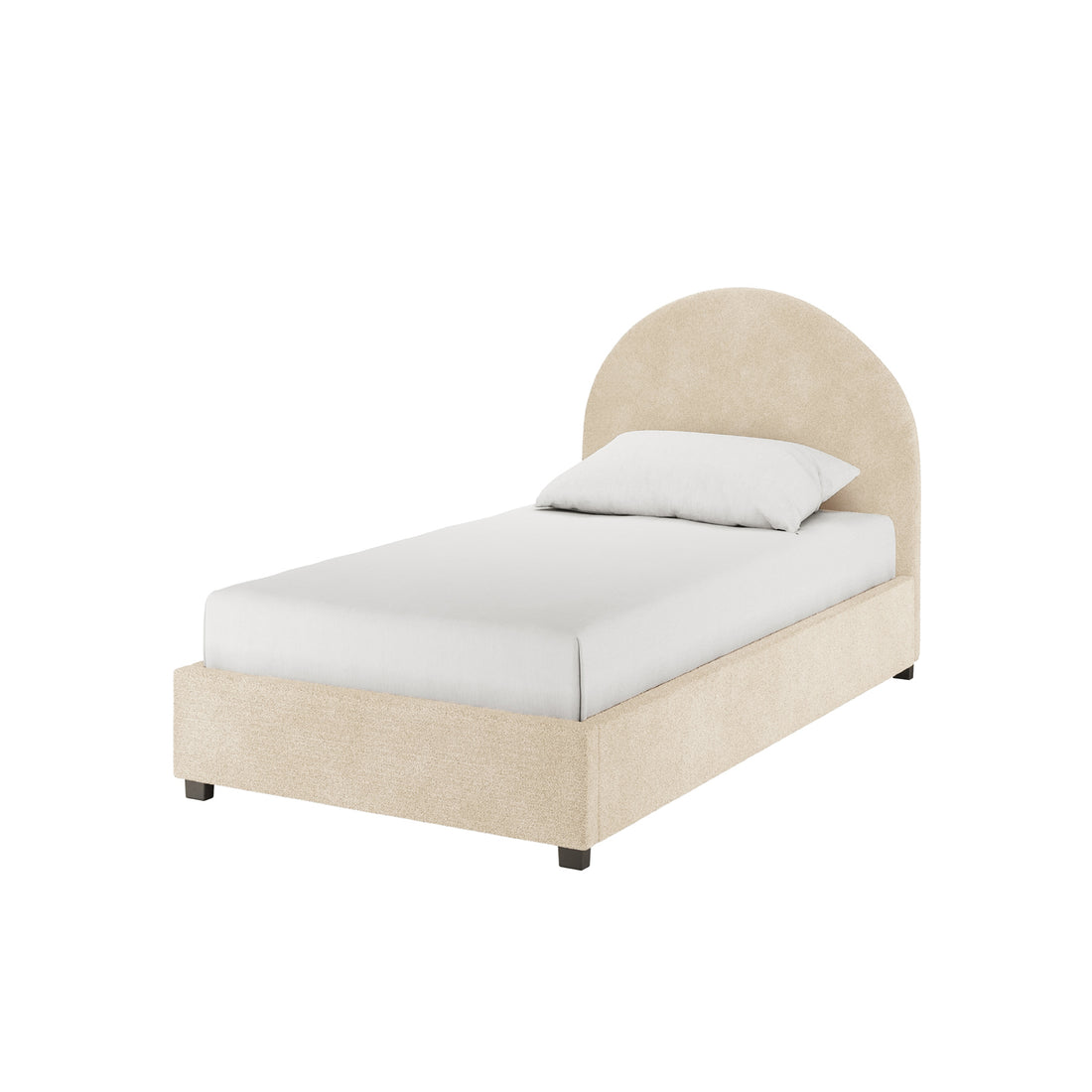 Lunia Single Bouclé Gas Lift Bed Frame in Cream Beige, featuring an upholstered box-style frame and arched headboard, dressed with a white sheet and pillow, showcasing elegant design and hidden storage functionality.