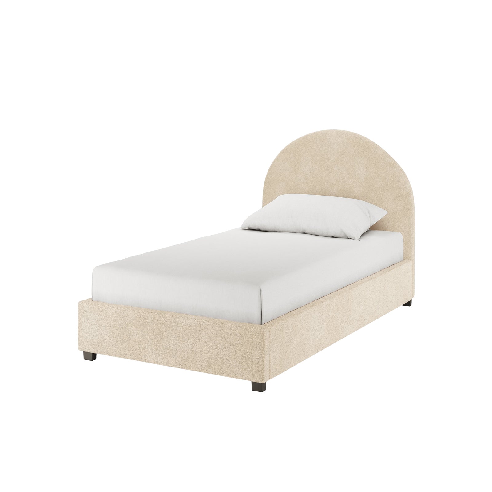 Lunia Single Bouclé Gas Lift Bed Frame in Cream Beige, featuring an upholstered box-style frame and arched headboard, dressed with a white sheet and pillow, showcasing elegant design and hidden storage functionality.