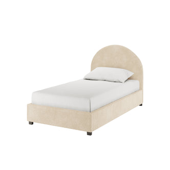 Lunia Single Bouclé Gas Lift Bed Frame in Cream Beige, featuring an upholstered box-style frame and arched headboard, dressed with a white sheet and pillow, showcasing elegant design and hidden storage functionality.