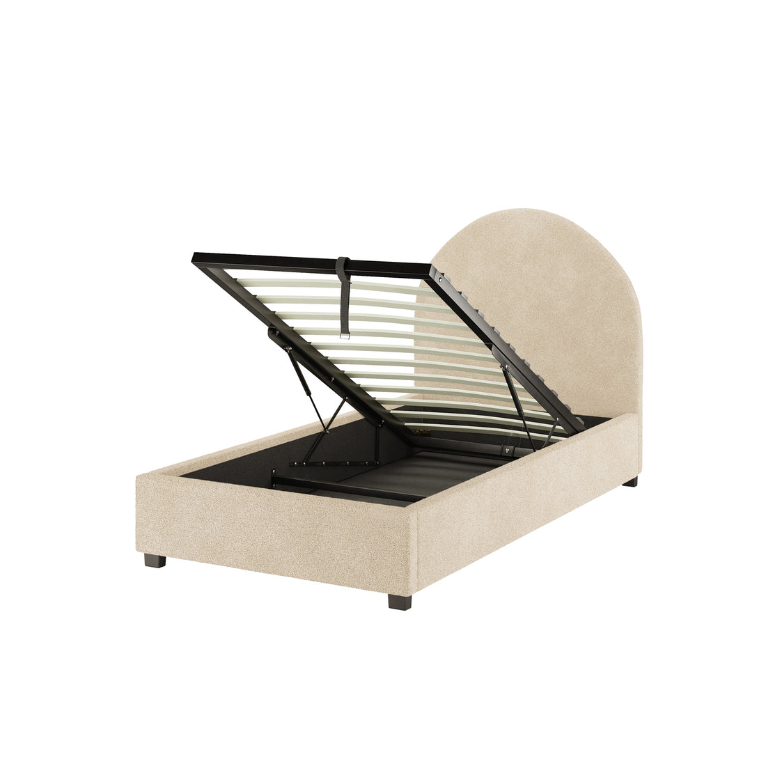 Lunia Single Bouclé Gas Lift Bed Frame in Cream Beige showcases an upholstered design with an arched headboard and integrated under-bed storage, featuring a gas lift for easy access to concealed storage.