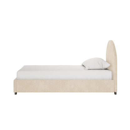Lunia Single Bouclé Gas Lift Bed Frame in Cream Beige, featuring a modern low platform design with a tall, rounded headboard and a plain white mattress, showcasing its sleek and functional structure.