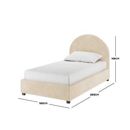 Lunia Single Bouclé Gas Lift Bed Frame in Cream Beige features a gently arched headboard, light beige fabric, and low dark block feet, providing stylish storage with an easy-lift mechanism.