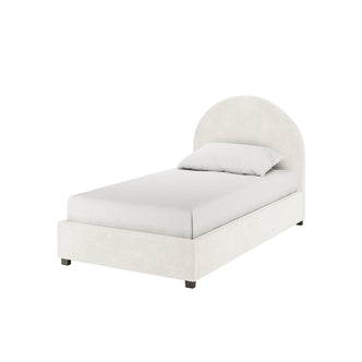 Lunia Single Bouclé Bed Frame with Gas Lift Storage in Cream White features a curved headboard, low rails, and footboard, upholstered in off-white fabric. It includes a slim mattress and short square-block feet.