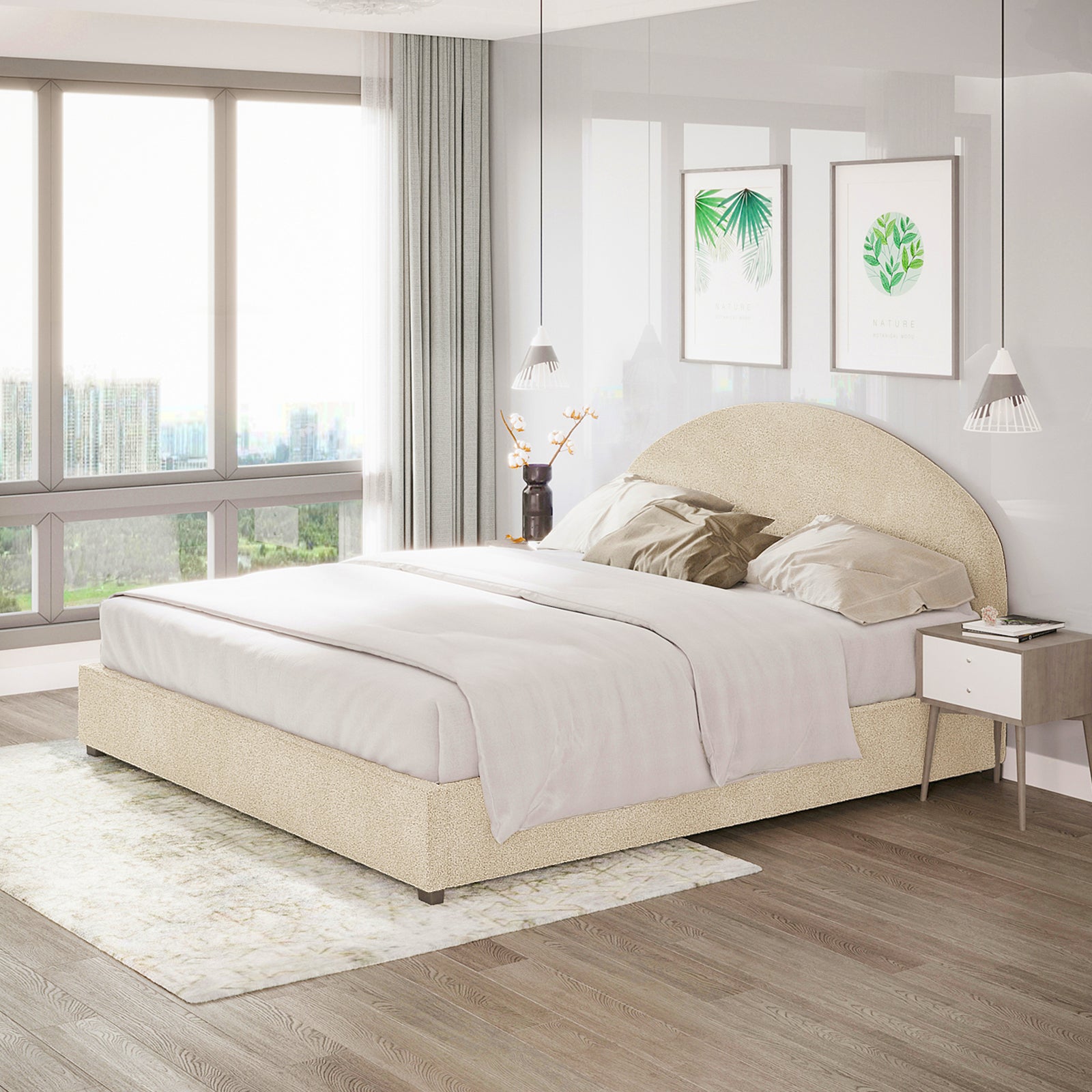 Lunia Bouclé Bed Frame with Gas Lift Storage features a plush, textured finish and a sleek silhouette, showcasing its easy-lift mechanism and ample under-bed storage, enhancing both style and functionality.