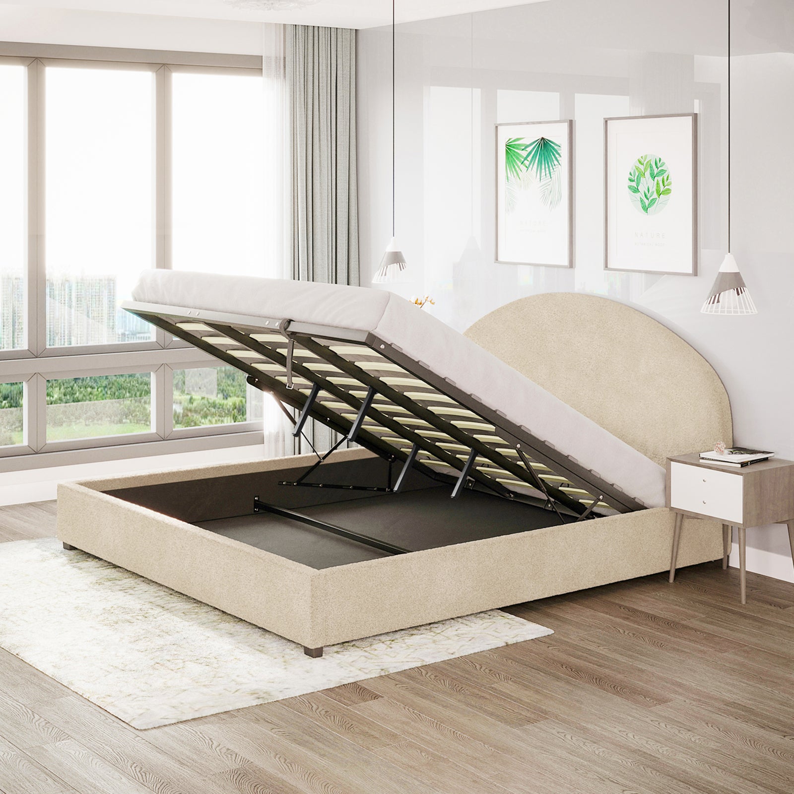 Lunia Bouclé Bed with Gas Lift - Cream Beige Super King, featuring a tufted headboard and smooth fabric finish, with visible under-bed storage access via the hydraulic lift mechanism.