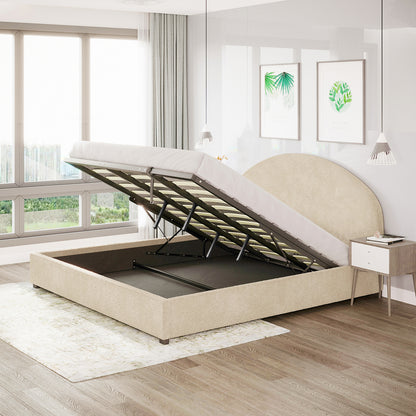 Lunia Bouclé Bed with Gas Lift - Cream Beige Super King, featuring a tufted headboard and smooth fabric finish, with visible under-bed storage access via the hydraulic lift mechanism.