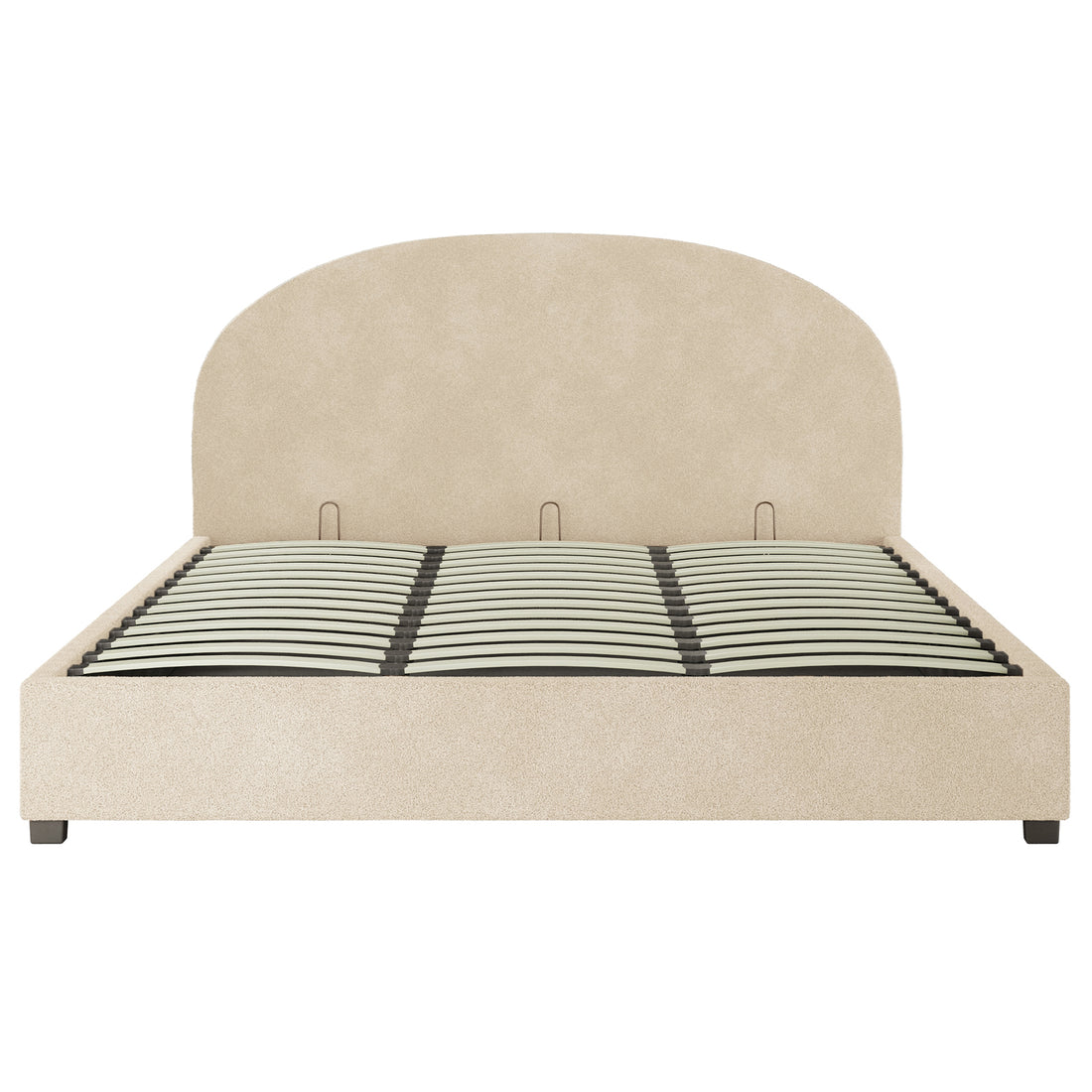 Close-up of Lunia Bouclé Bed Frame with Gas Lift – Cream Beige Super King, showcasing its plush bouclé fabric and sleek design, emphasizing its functionality with hidden storage beneath the mattress.