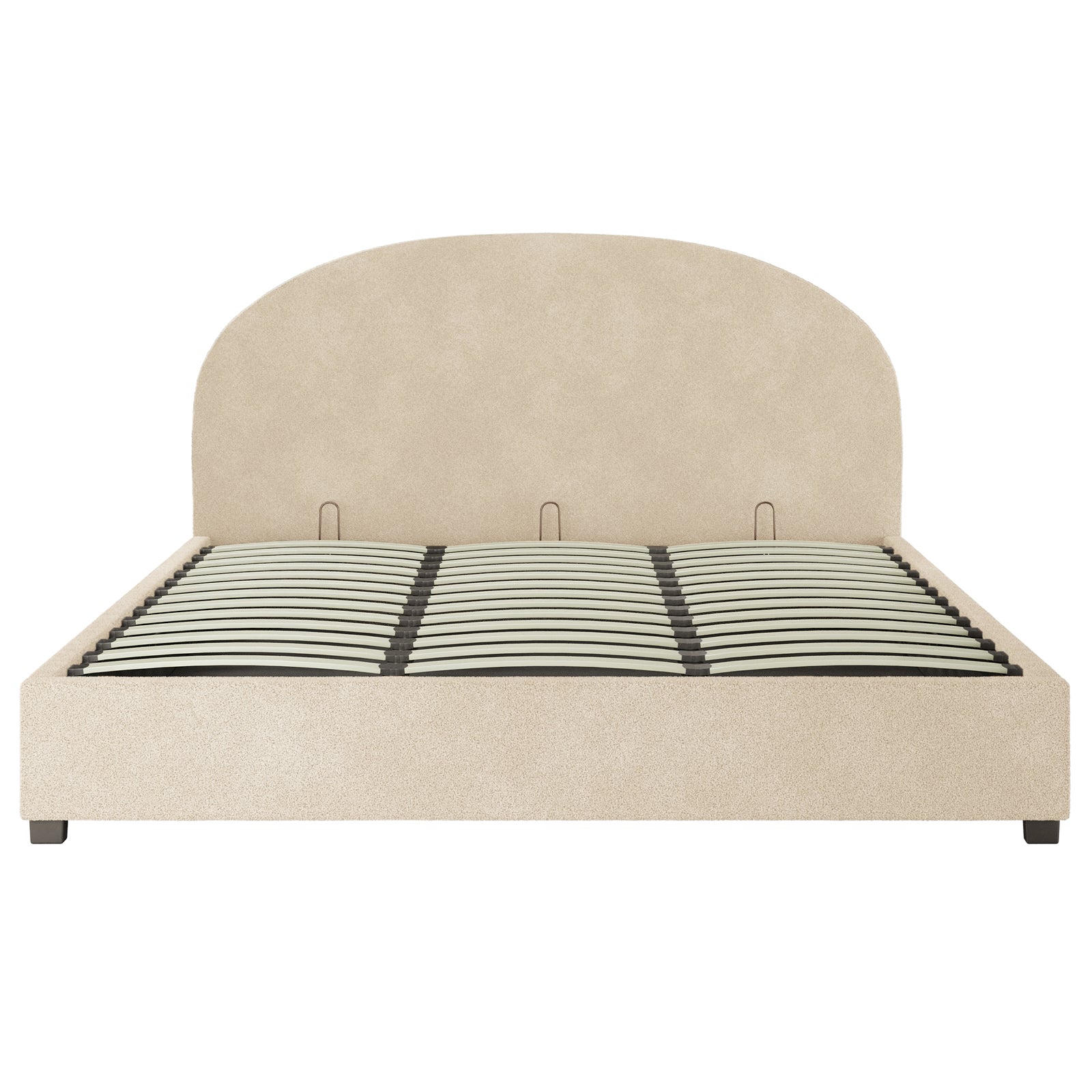 Close-up of Lunia Bouclé Bed Frame with Gas Lift – Cream Beige Super King, showcasing its plush bouclé fabric and sleek design, emphasizing its functionality with hidden storage beneath the mattress.