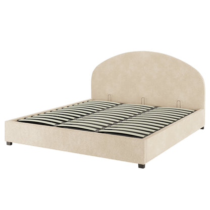 Lunia Bouclé Bed with Gas Lift - Cream Beige Super King features a sleek white headboard, showcasing a modern design with a hidden storage compartment beneath the mattress for added convenience and style.