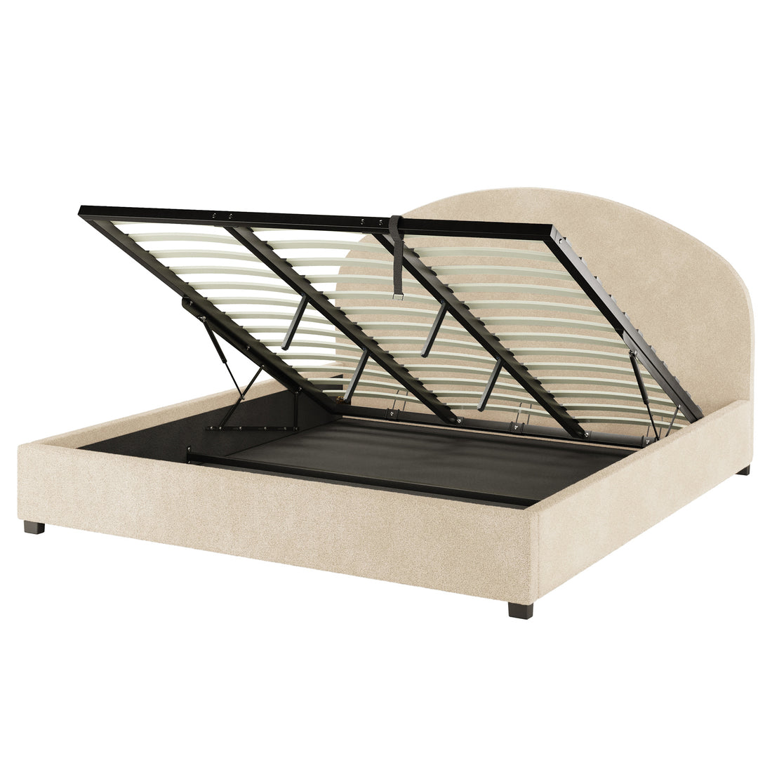 Lunia Bouclé Bed with Gas Lift - Cream Beige Super King features a lift-up mechanism revealing hidden storage, a metal frame with a strap, and is upholstered in soft bouclé fabric.