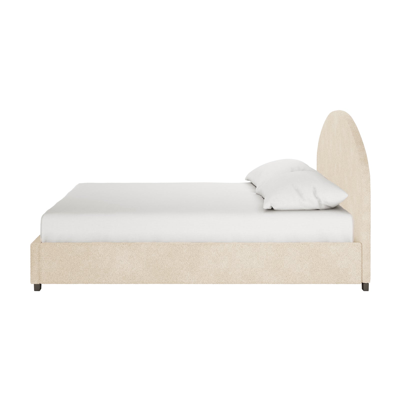 Lunia Bouclé Bed with Gas Lift - Cream Beige Super King, showcasing a plush, textured surface and gas lift storage feature, offering both elegance and practicality in a modern bedroom setting.